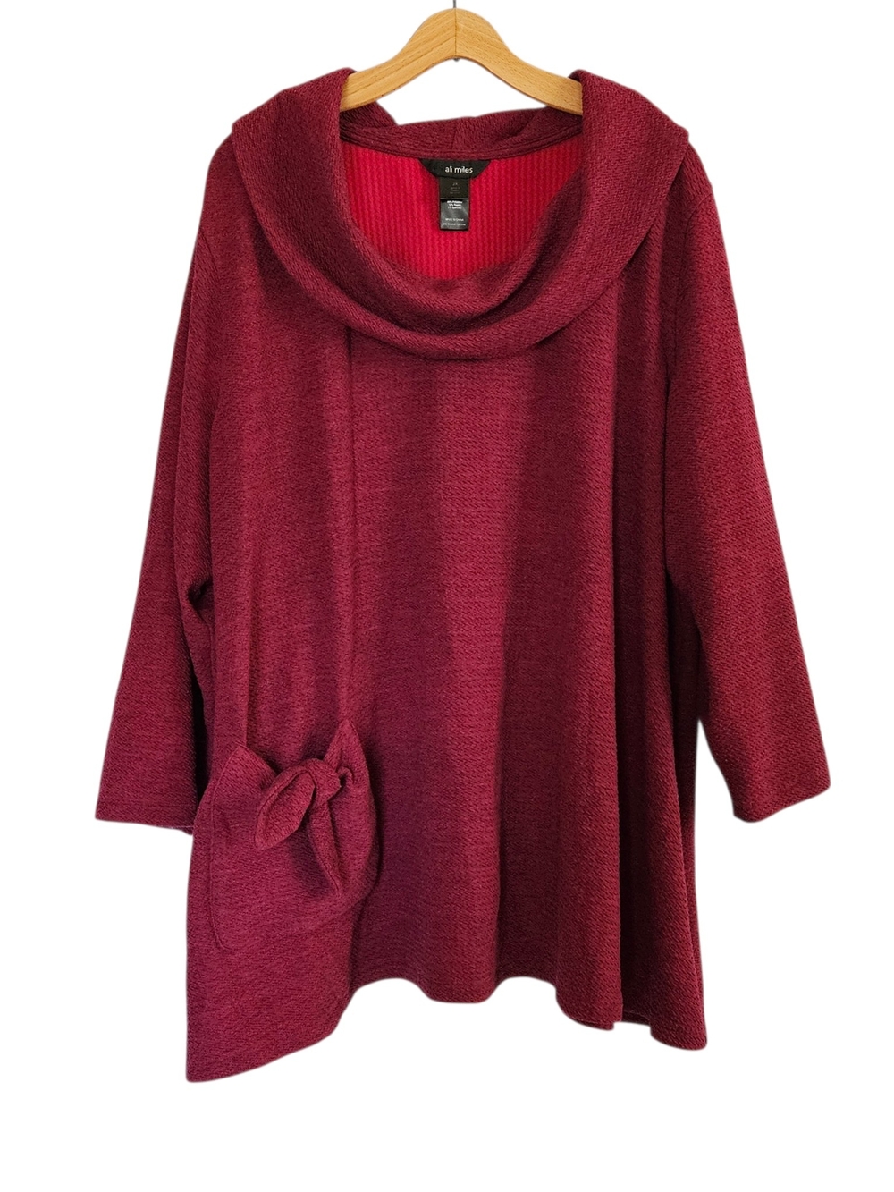 Ali Miles Textured Cowl Neck Tunic Plus Womens 2X Maroon 3/4 Sleeve Lagenlook